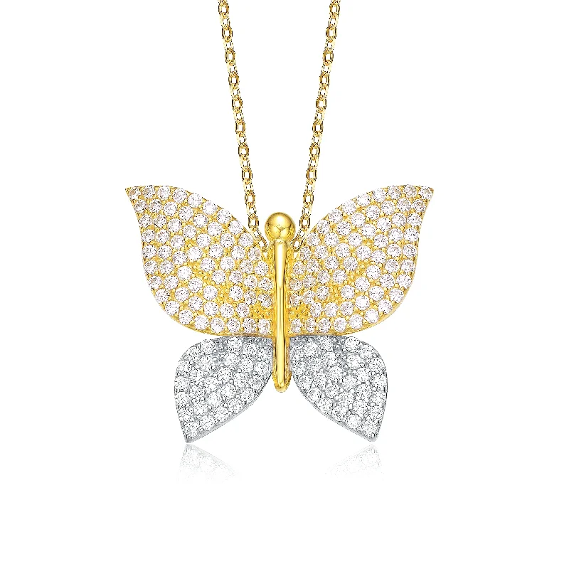 Bead weave necklaces-14k Yellow And White Gold Plated Cubic Zirconia Butterfly Pendant Necklace in Sterling Silver