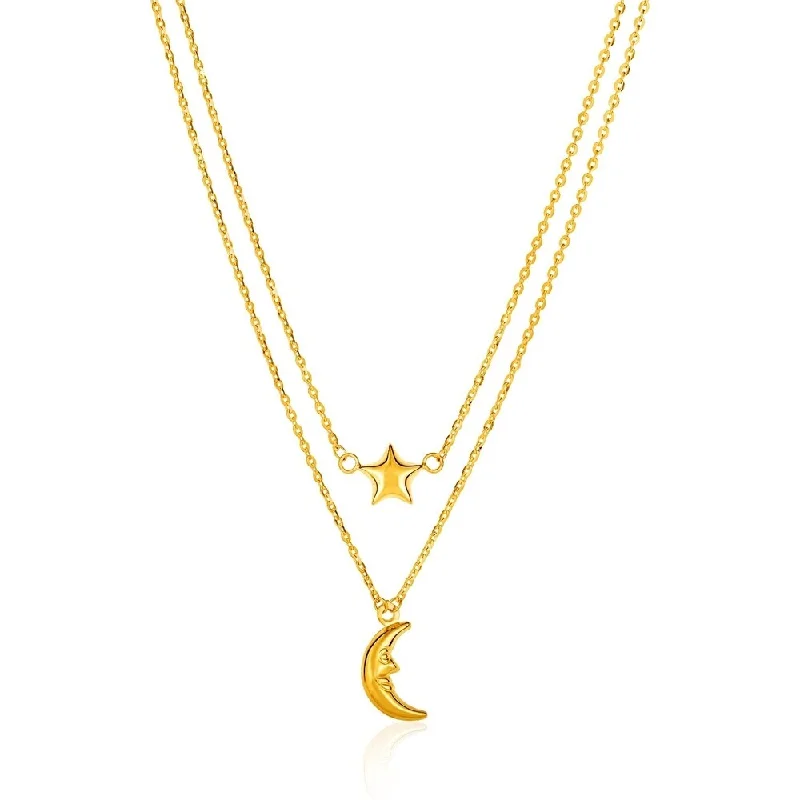 Rope braid necklaces-14k Yellow Gold Double-Strand Chain Necklace with Puff Moon and Star