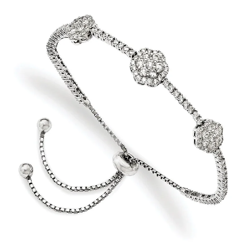 Bead charm bangles-925 Sterling Silver Rhodium-plated Cubic Zirconia Adjustable 5in up to 9in Bracelet