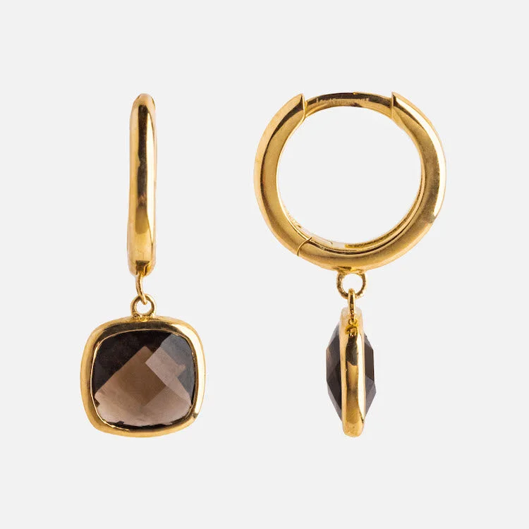 Thin hoop earrings-Solid Gold Smoky Quartz Charm Huggies for Grounding