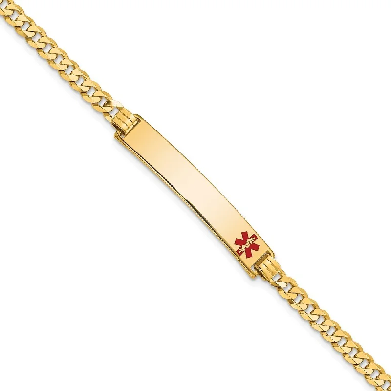 Tiny stack bangles-14k Yellow Gold 6.5mm Medical Red Enamel Flat Curb Link ID Bracelet, 7"