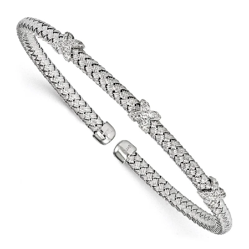 High gloss bangles-925 Sterling Silver Rhodium-plated Cubic Zirconia Woven Cuff Bracelet, 6.75"