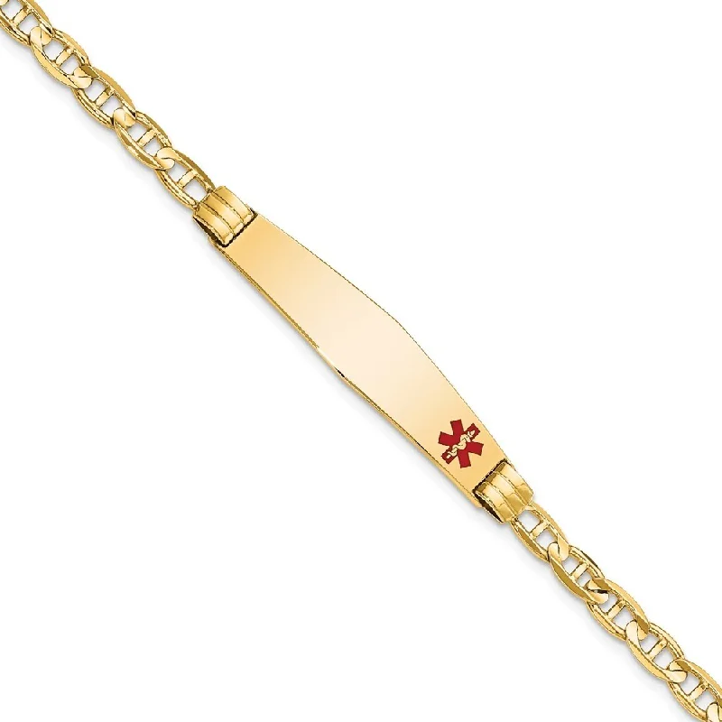 Bamboo weave bangles-14k Yellow Gold 9mm Medical Soft Diamond Shape Red Enamel Anchor Link ID Bracelet, 7"