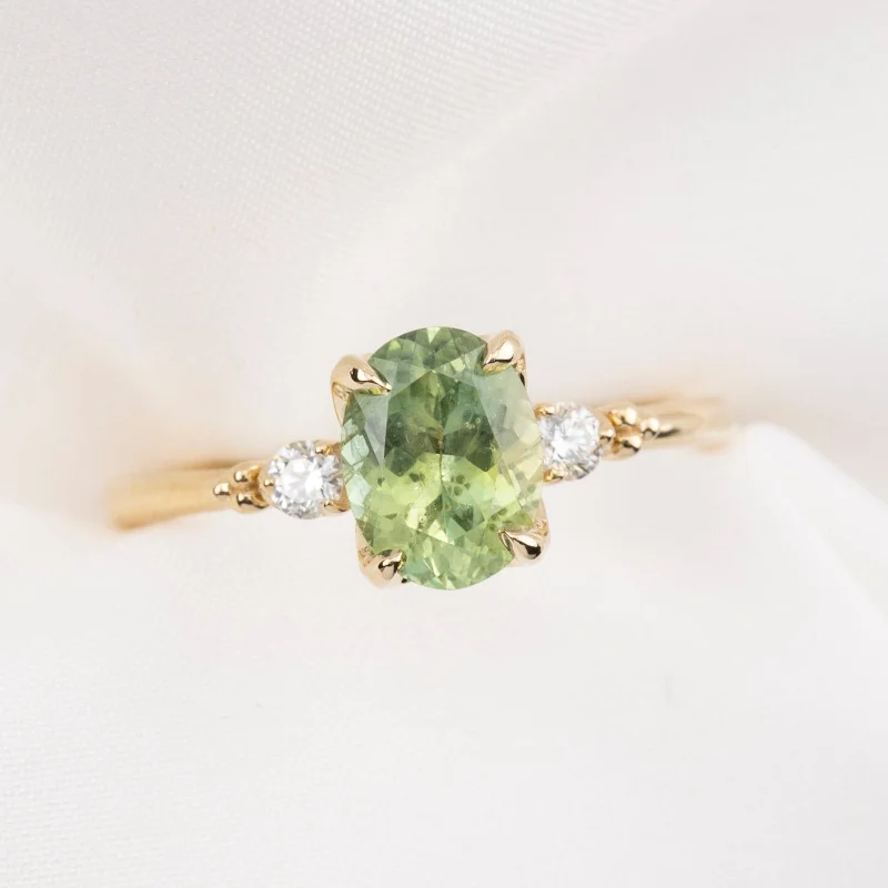 Retro style engagement rings-Estel Ring 1.60ct / 1.83ct Light Green Sapphire, 14k Yellow Gold (One of a kind)